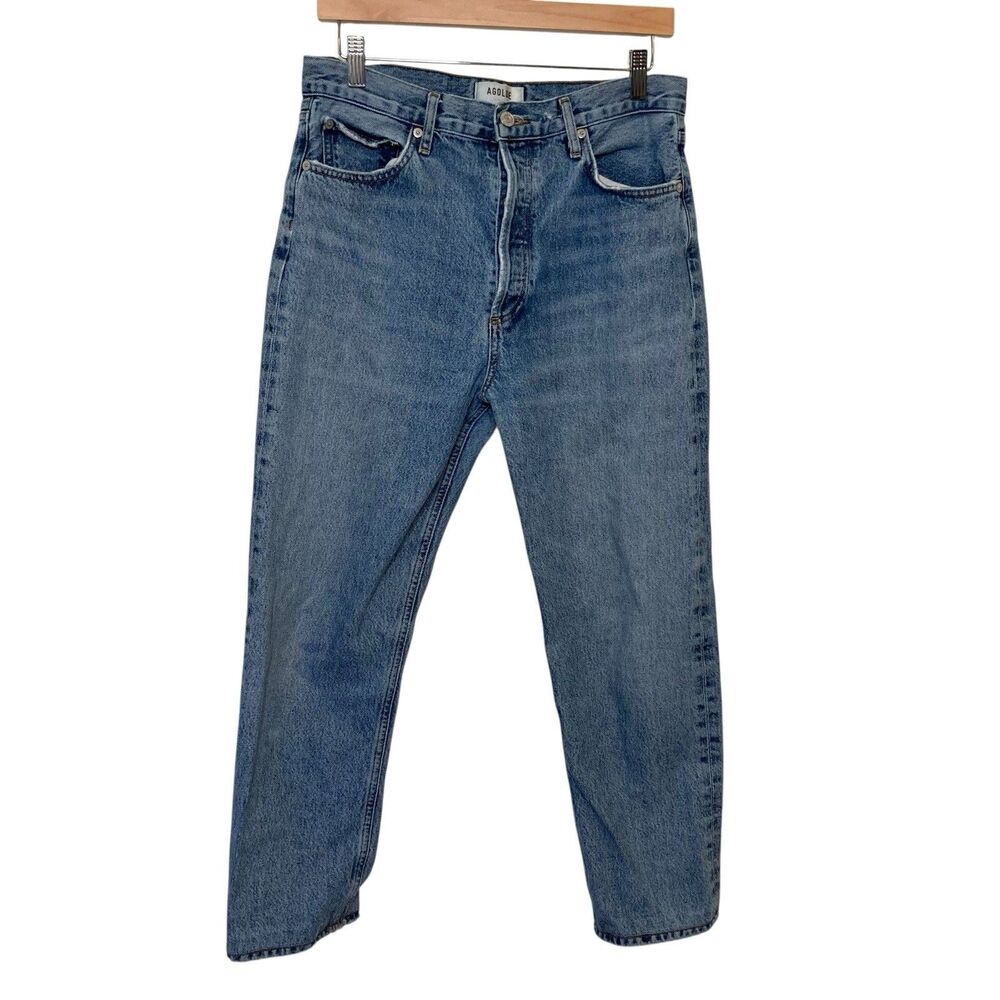 Agolde Jeans Button Fly High Rise Distressed Denim Straight Leg Ankle Size 28
